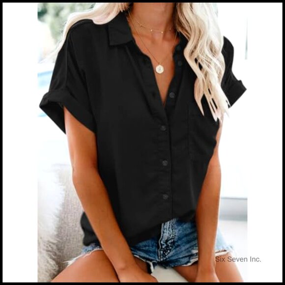 Cotton Short Sleeve Button Down Shirt with Pocket Casual Blouse - Picture 2 of 6